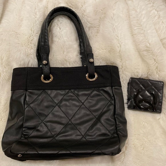 Authentic Chanel black leather tote bag and wallet